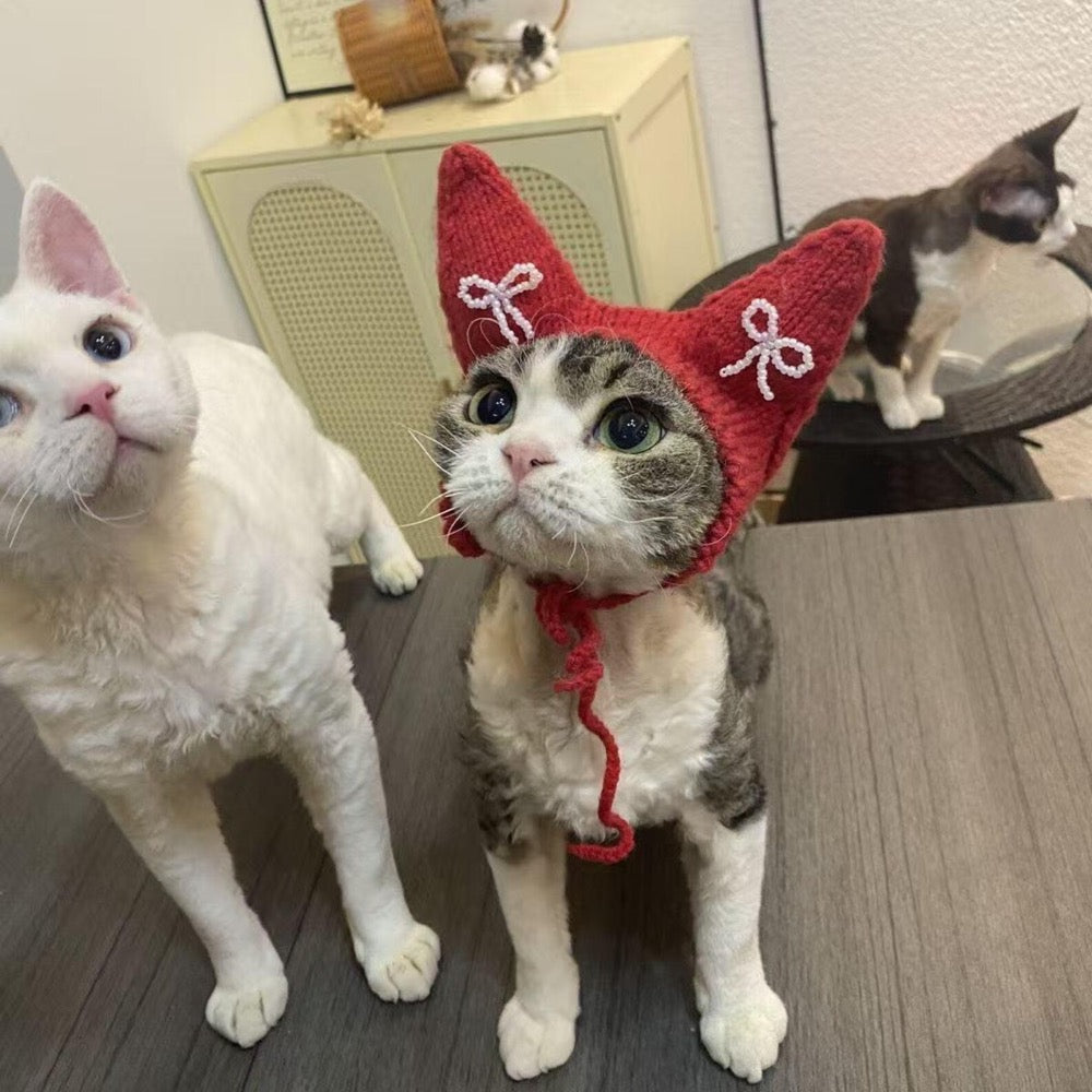 Hand Knitted Red Cat Hat with White Bows | Pet Photo Prop Costume