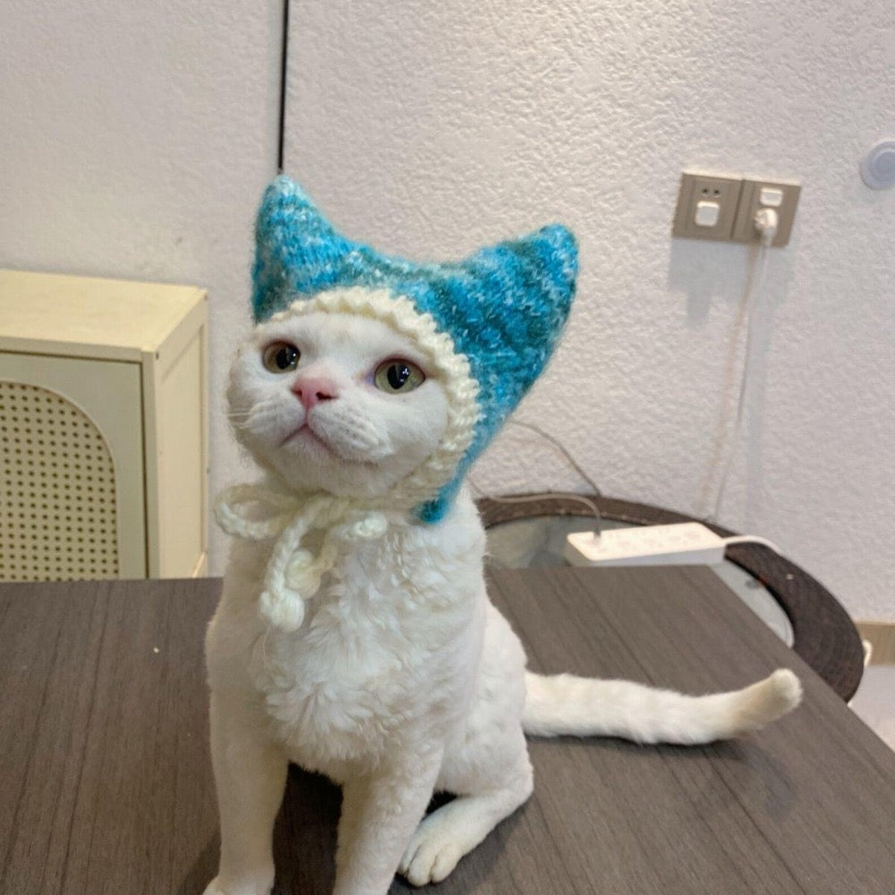 Hand Knitted Cat Ear Hat – Blue White Kitty Bonnet, Pet Photography Prop