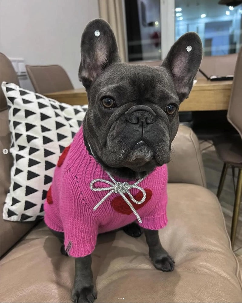 Pink Knitted Dog Sweater with 3D Hearts – Handmade Wool Acrylic Sweater, Custom Fit Warm Dog Clothing for Stylish Pups