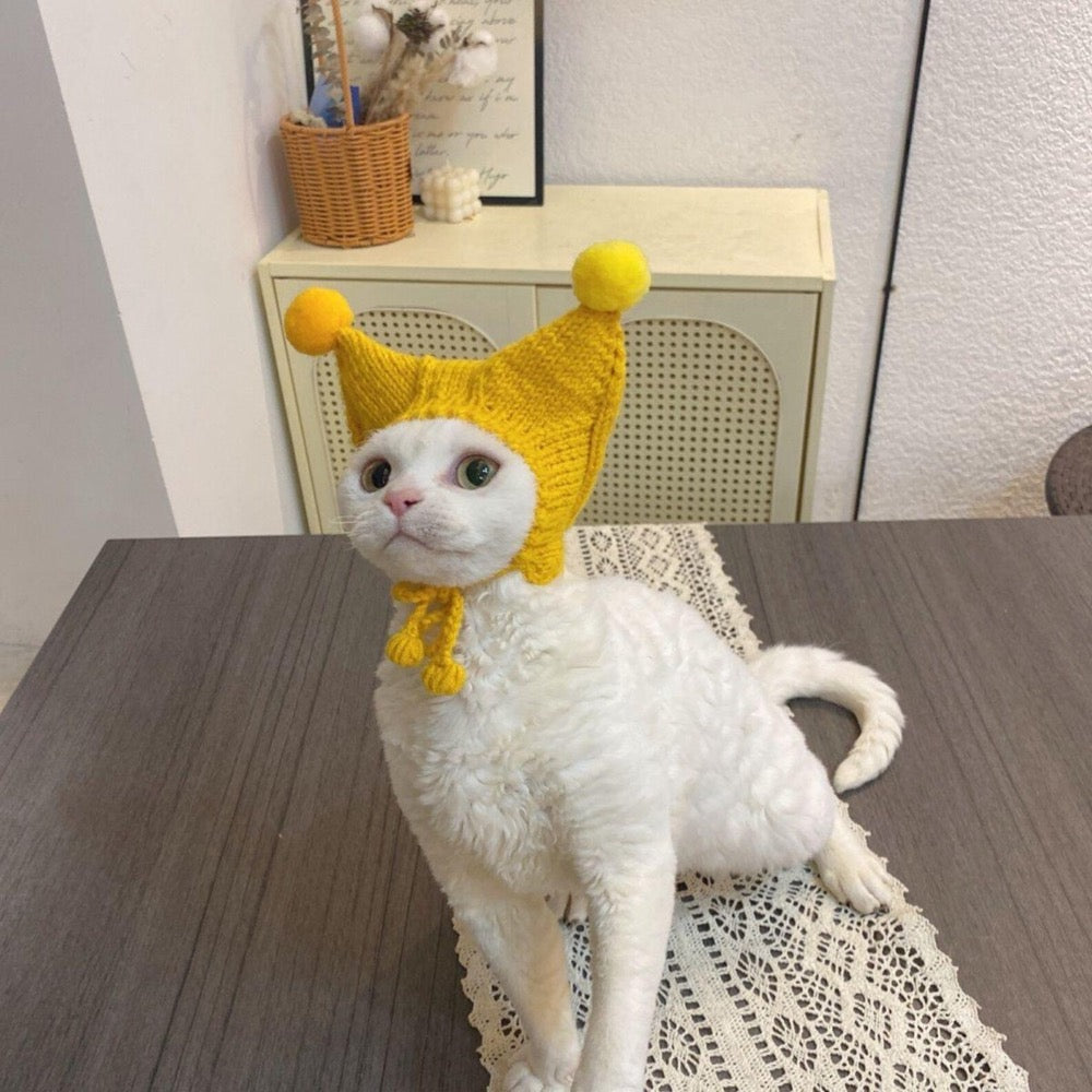 Hand Knitted Yellow Jester Cat Hat with Pom Poms | Pet Costume for Small Cats