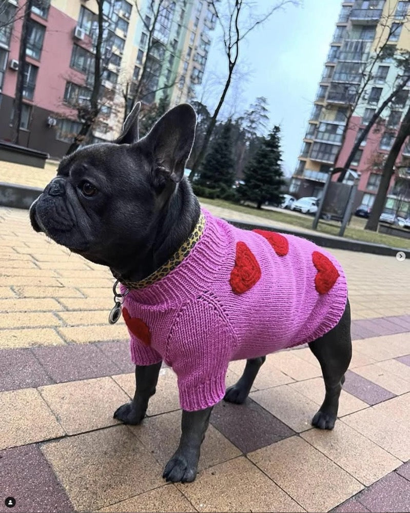 Pink Knitted Dog Sweater with 3D Hearts – Handmade Wool Acrylic Sweater, Custom Fit Warm Dog Clothing for Stylish Pups