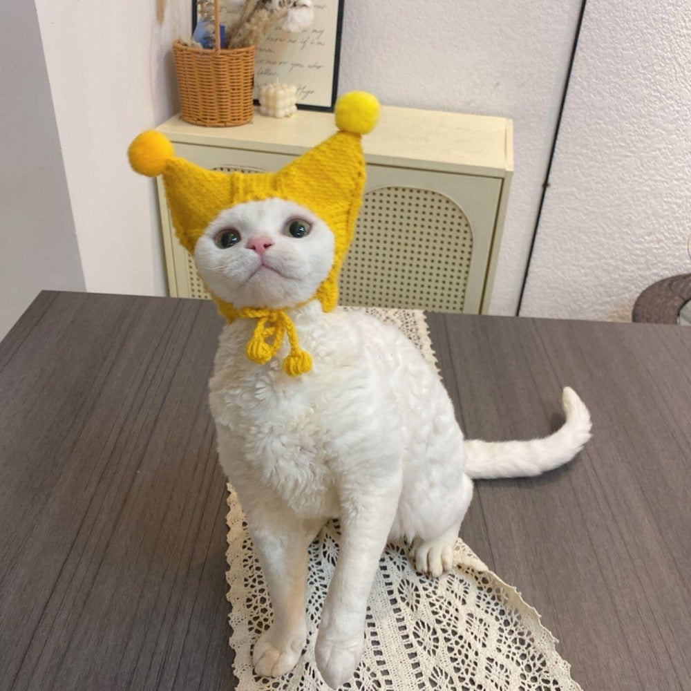 Hand Knitted Yellow Jester Cat Hat with Pom Poms | Pet Costume for Small Cats