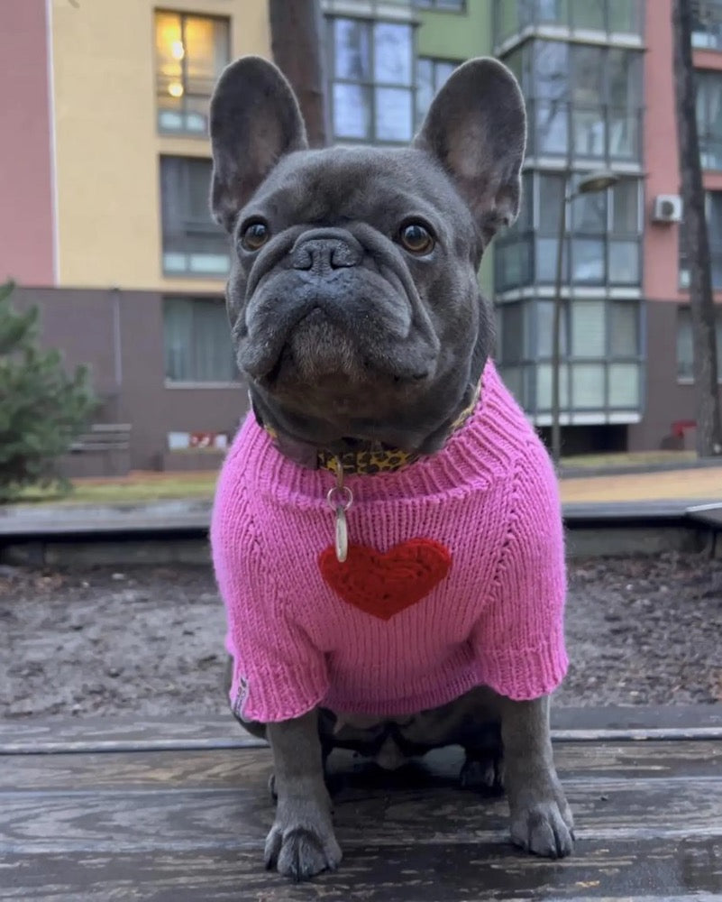 Pink Knitted Dog Sweater with 3D Hearts – Handmade Wool Acrylic Sweater, Custom Fit Warm Dog Clothing for Stylish Pups