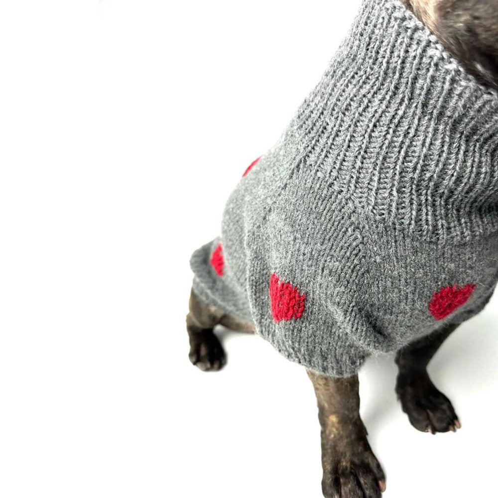 Grey Hand-made Knitted Dog Sweater "Fall in Love"
