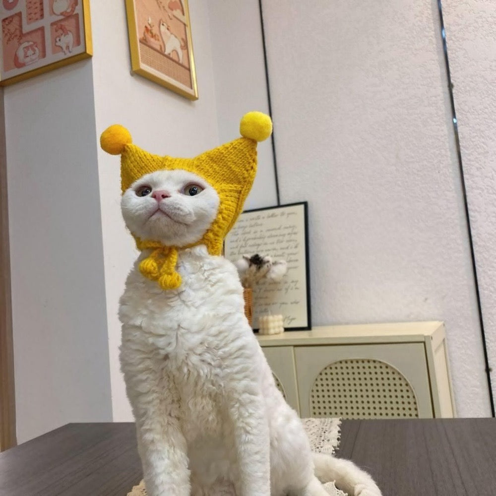 Hand Knitted Yellow Jester Cat Hat with Pom Poms | Pet Costume for Small Cats