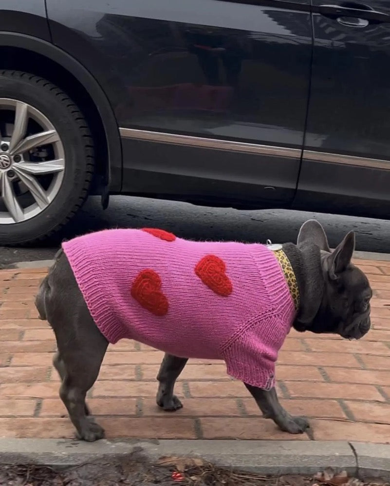 Pink Knitted Dog Sweater with 3D Hearts – Handmade Wool Acrylic Sweater, Custom Fit Warm Dog Clothing for Stylish Pups