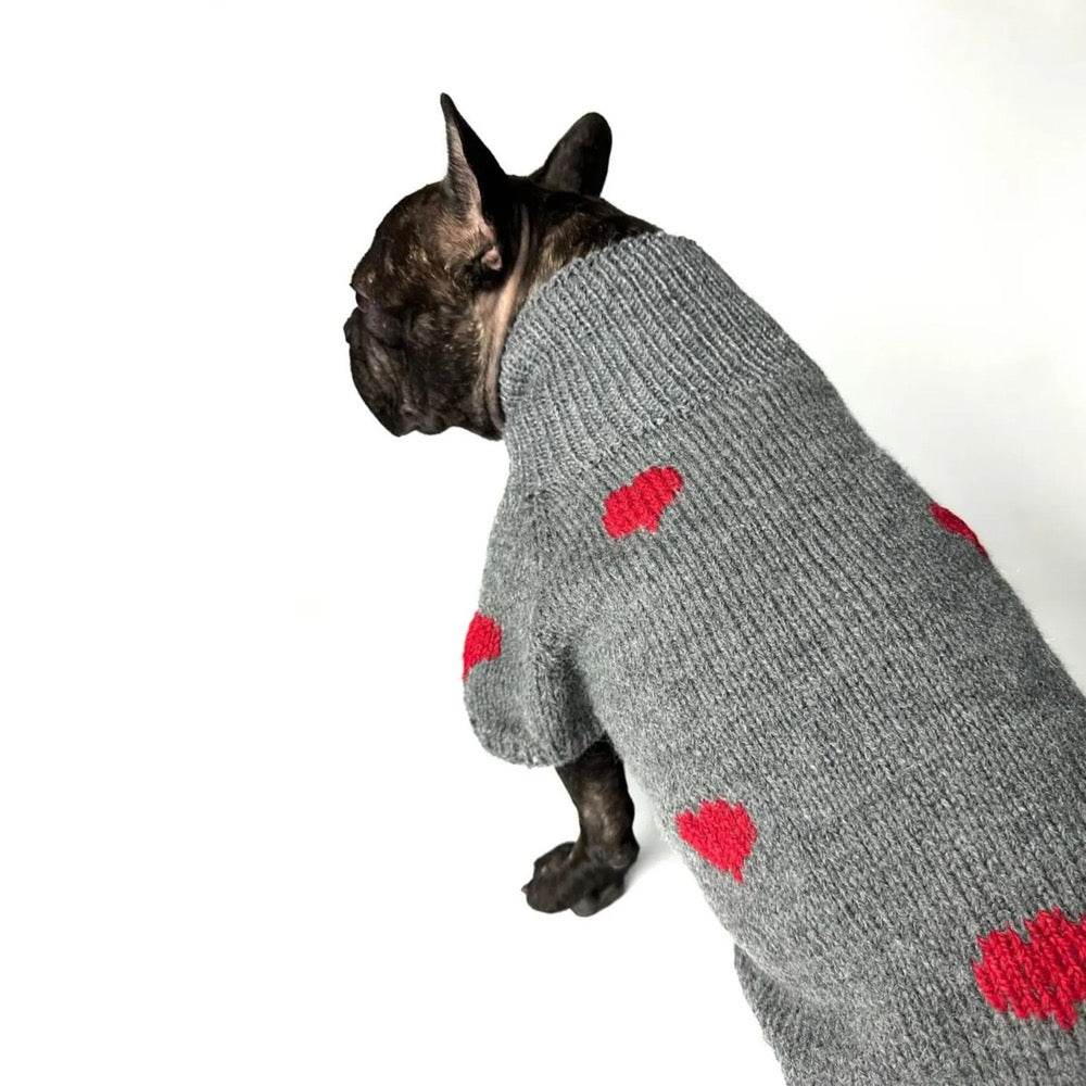 Grey Hand-made Knitted Dog Sweater "Fall in Love"