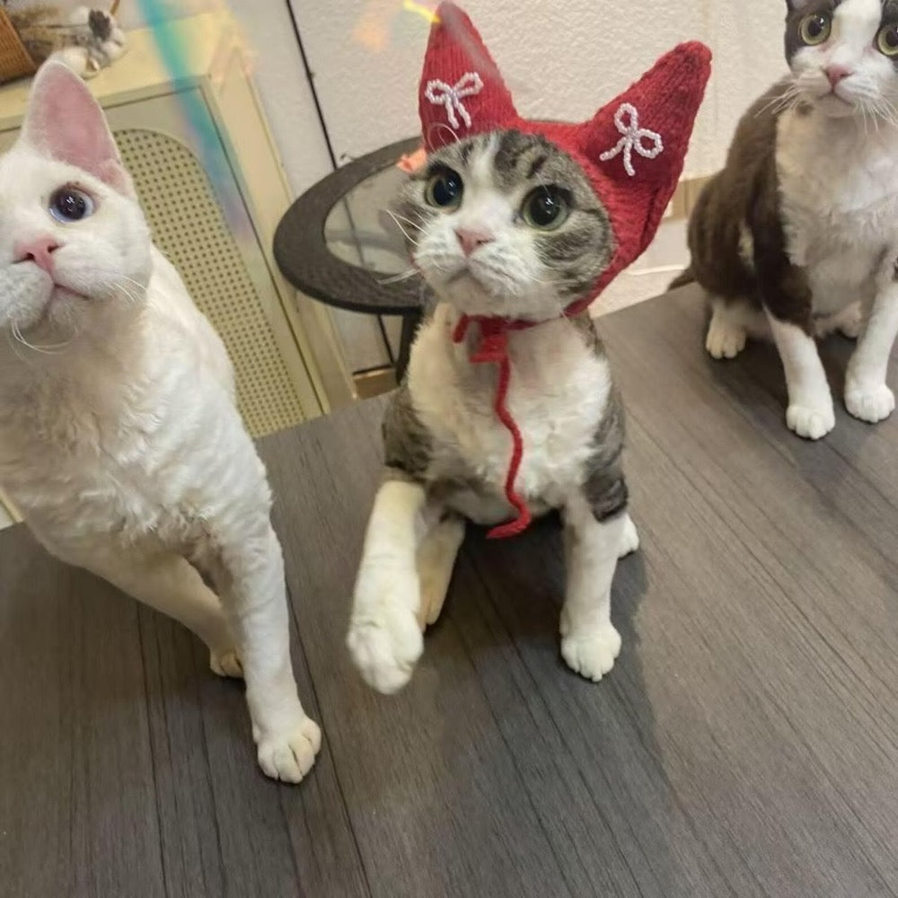 Hand Knitted Red Cat Hat with White Bows | Pet Photo Prop Costume
