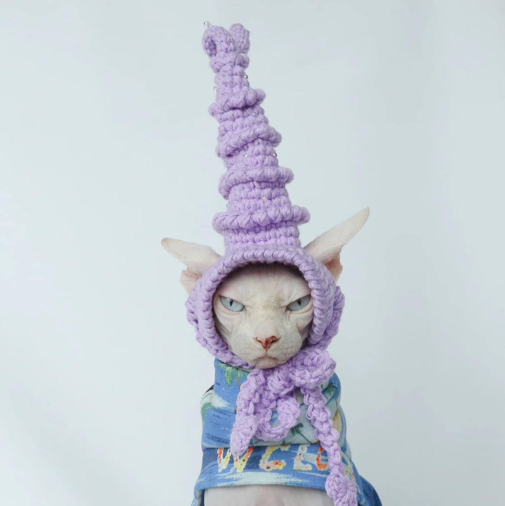 Hand Knit Cat Wizard Hat, Pet Witch Costume, 9 Colors, Photo Prop