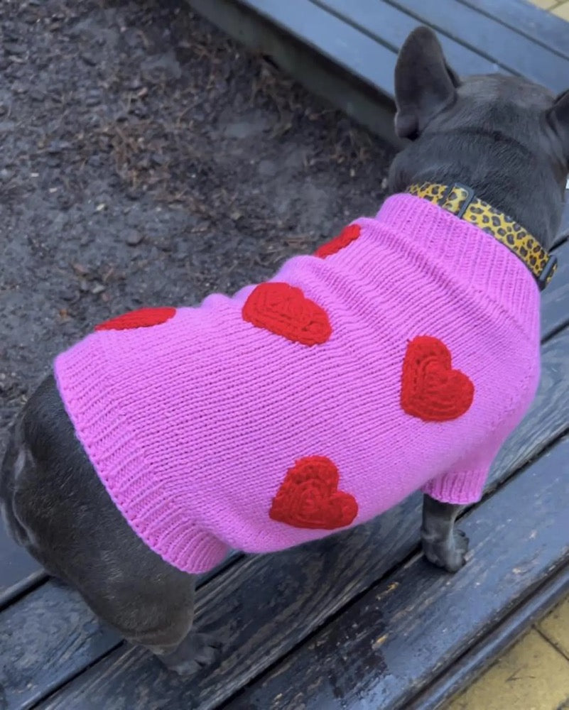 Pink Knitted Dog Sweater with 3D Hearts – Handmade Wool Acrylic Sweater, Custom Fit Warm Dog Clothing for Stylish Pups