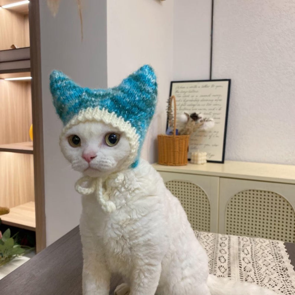 Hand Knitted Cat Ear Hat – Blue White Kitty Bonnet, Pet Photography Prop