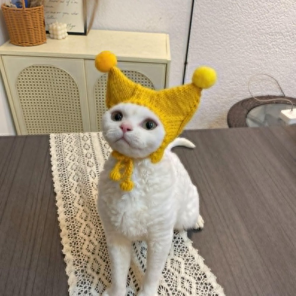 Hand Knitted Yellow Jester Cat Hat with Pom Poms | Pet Costume for Small Cats