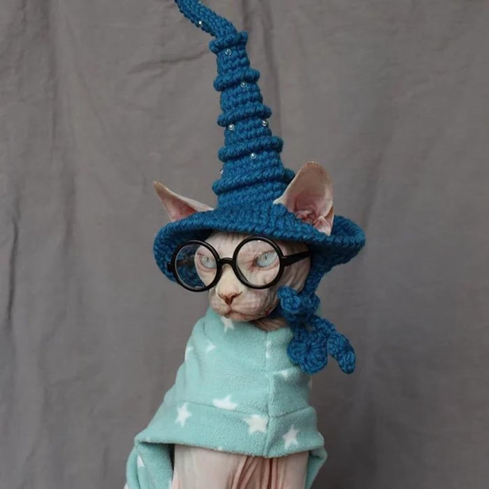 Hand Knit Cat Wizard Hat, Pet Witch Costume, 9 Colors, Photo Prop